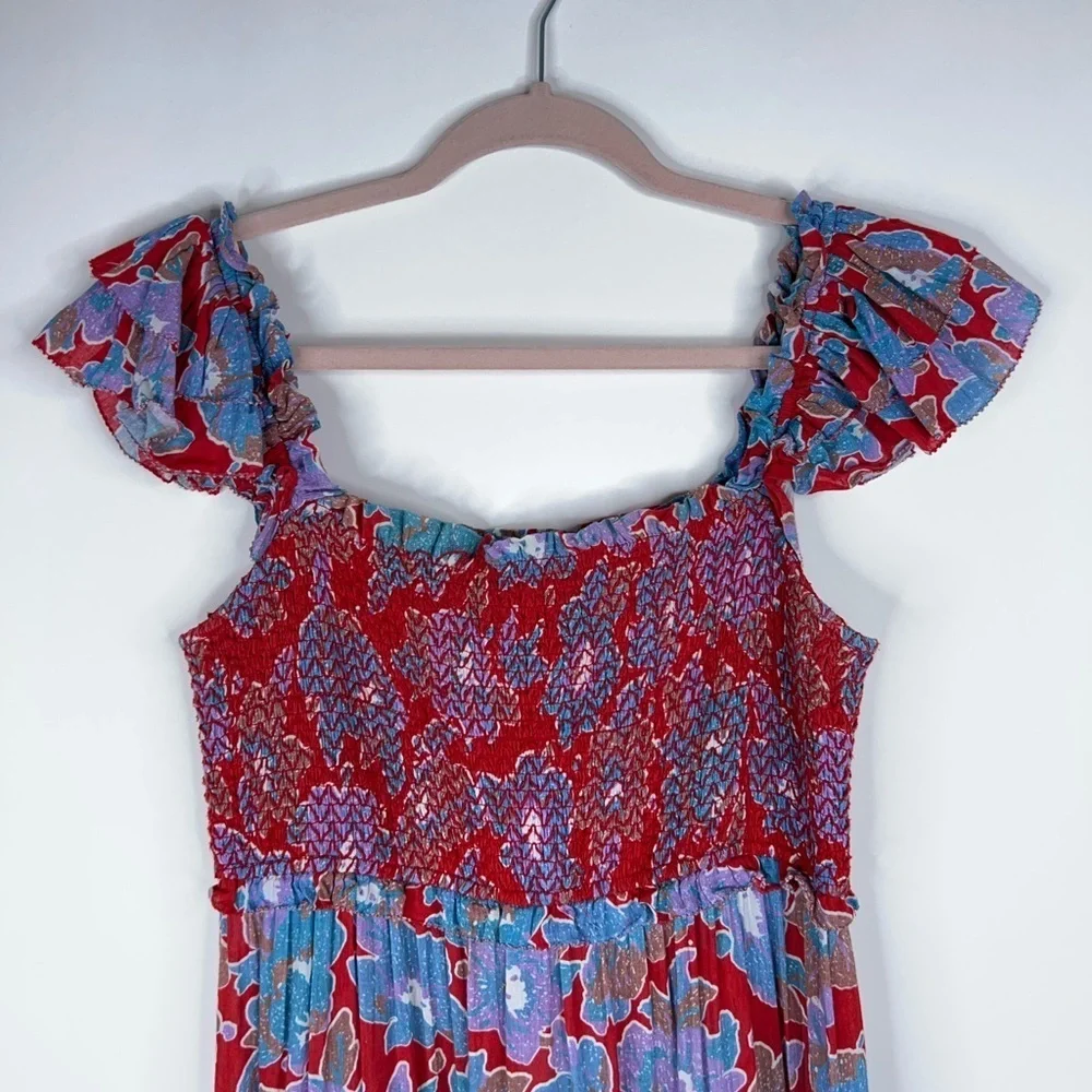 Love the Label Red Blue Floral Midi Dress Square Neck Smocked Tiered Cotton - Picture 2 of 11